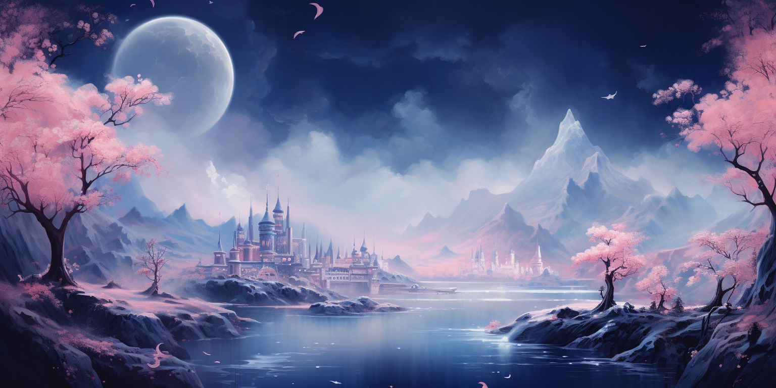 Fantasy landscape with pink and blue colors.